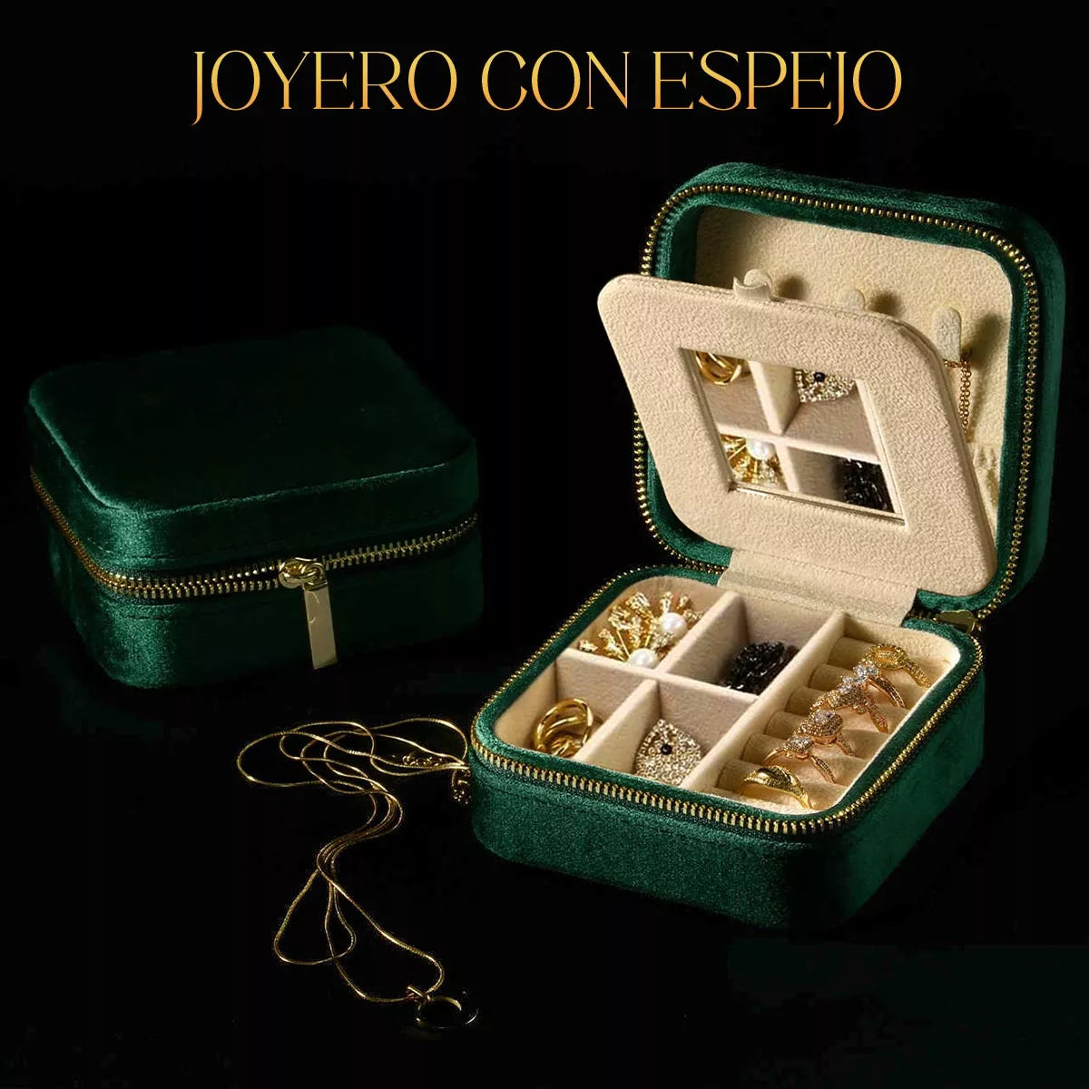 Caja Organizadora de Joyas de Terciopelo – Estuche Compacto y Duradero para Viaje, Verde⬤
