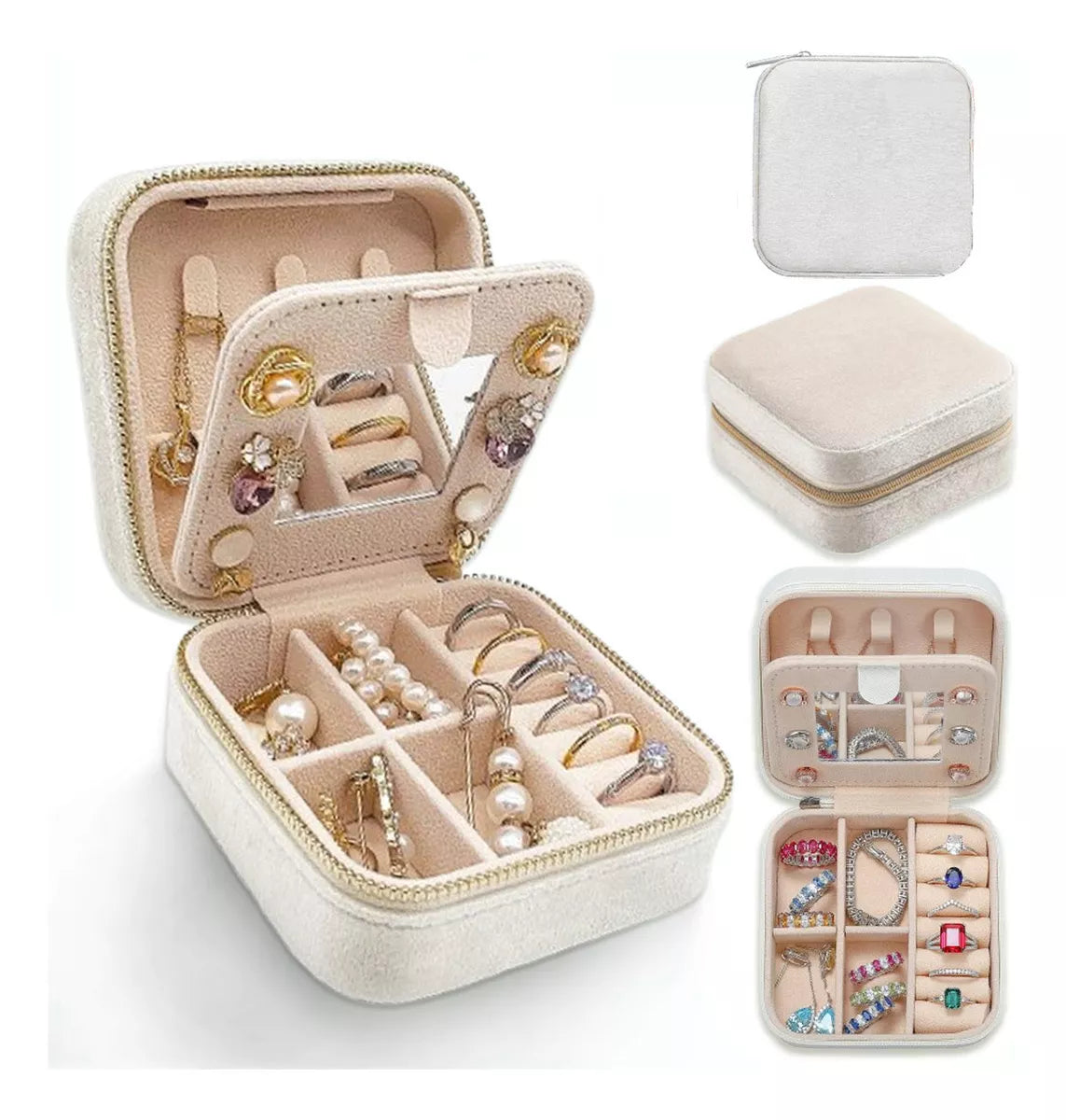 Caja Organizadora de Joyas de Terciopelo – Estuche Compacto y Duradero para Viaje, Color Crema