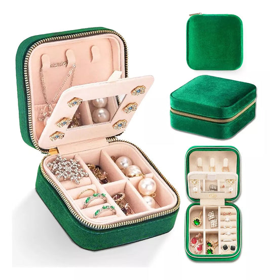 Caja Organizadora de Joyas de Terciopelo – Estuche Compacto y Duradero para Viaje, Verde⬤