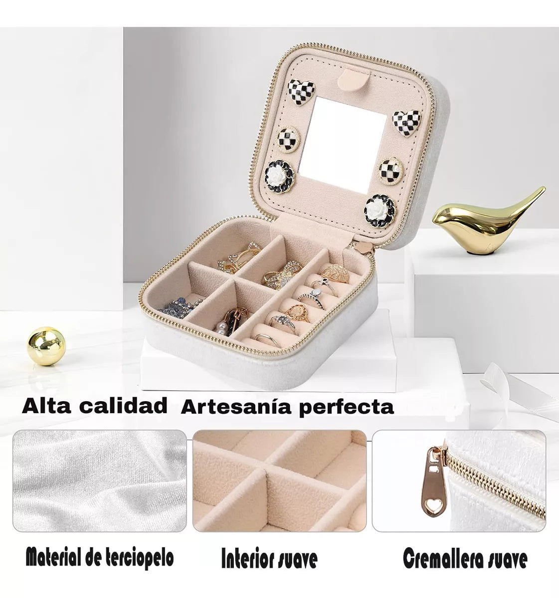 Caja Organizadora de Joyas de Terciopelo – Estuche Compacto y Duradero para Viaje, Color Crema