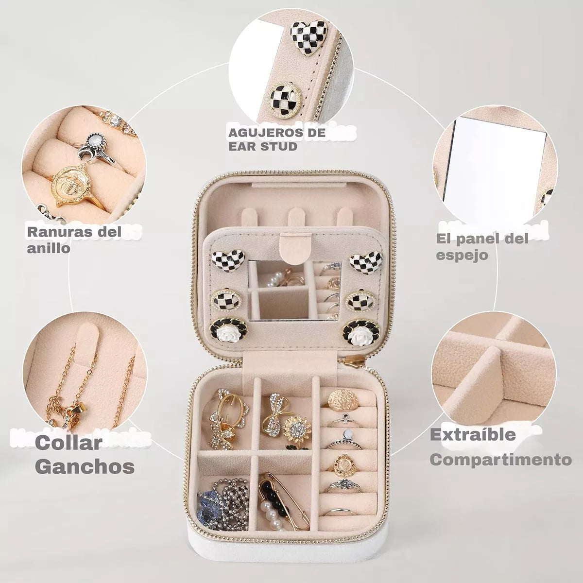 Caja Organizadora de Joyas de Terciopelo – Estuche Compacto y Duradero para Viaje, Color Crema